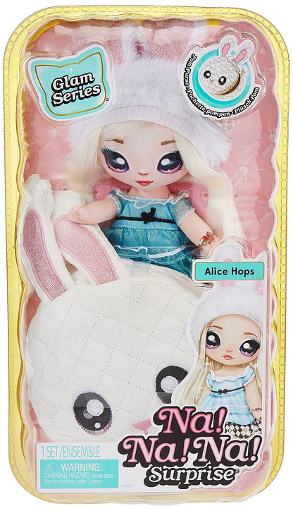 Na Na Na Surprise 2-in-1 Fashion Doll & Metallic Purse Glam Series - Collectable - Blonde Doll in Shimmery Blue Dress & Bunny Ears with White Rabbit Purse - Alice Hops