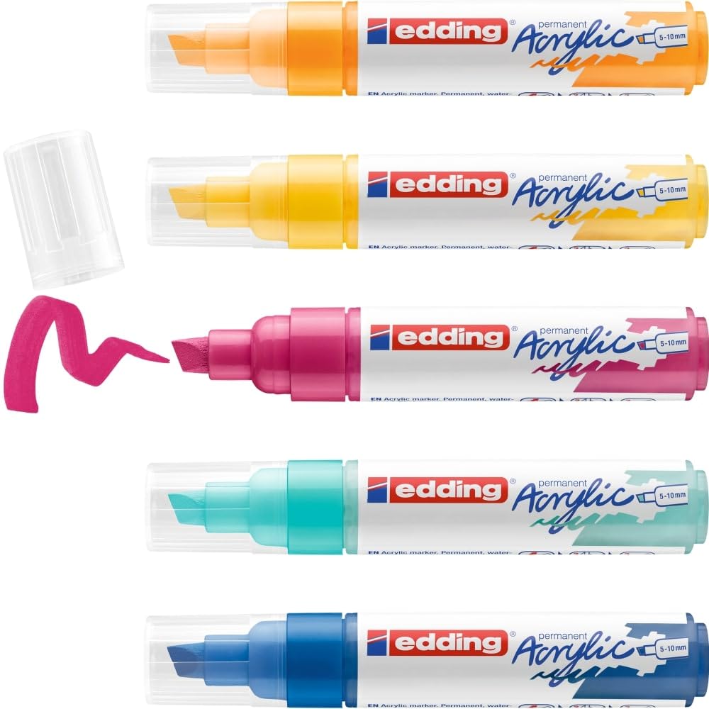 edding 5000 acrylic marker broad - multi-coloured - acrylic paint markers 5-pack (abstract) - 5-10mm chisel nib - acrylic marker for painting on canvas, wood - acrylic marker waterproof 27: Set of 5 - Multicoloured