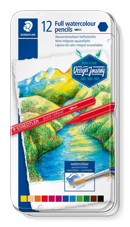 Staedtler Design Journey Full Watercolour 14610G Pencils Metal Box 12 Assorted Colours Full Watercolour Tin of 12