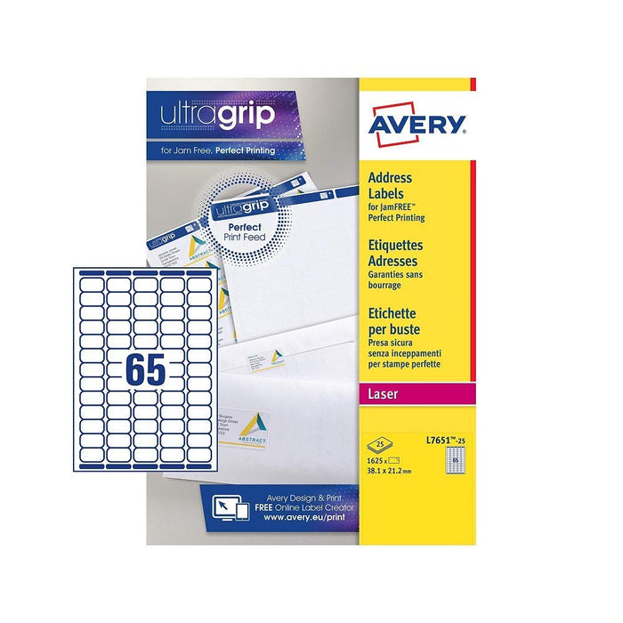 Avery Self Adhesive Mini Organising Return Address Labels, Laser Printers, 65 Labels per A4 sheet, 1625 labels, UltraGrip (L7651), White, 25 Sheets 1 white