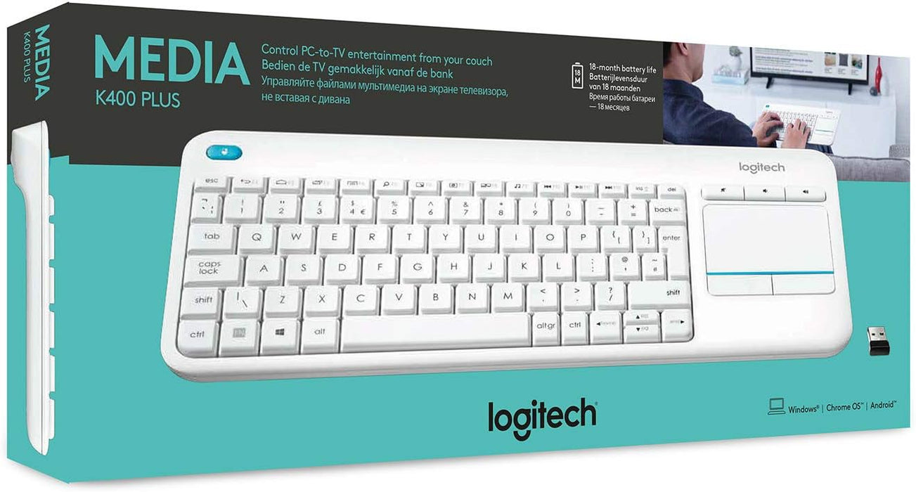 Logitech K400 Plus Wireless Touch TV Keyboard With Easy Media Control and Built-in Touchpad, QWERTZ German Layout - White