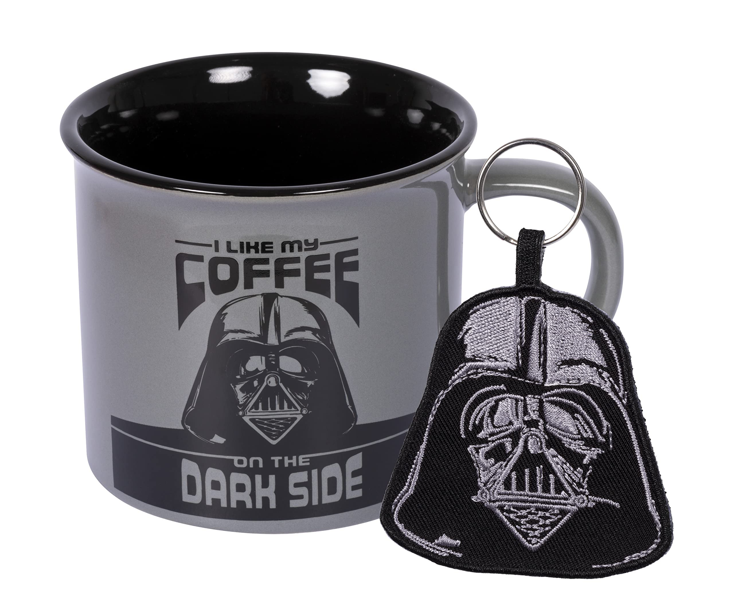 Star Wars Darth Vader Mug and Keyring Set in Presentation Gift Box (Coffee Dark Side Design) 11oz Ceramic Campfire-Style Mug and Woven Key Fob - Official Merchandise