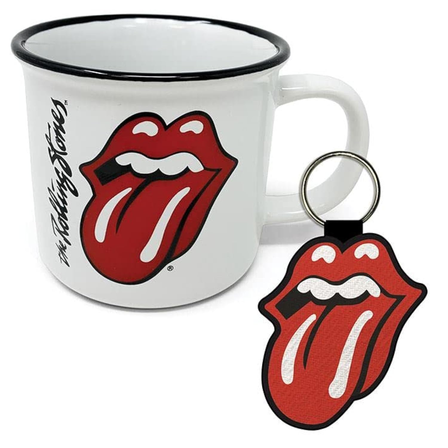 Pyramid International The Rolling Stones Mug and Keyring Set in Presentation Gift Box (Hot Lips Design) 11oz Ceramic Campfire-Style Mug and Woven Key Fob - Official Merchandise