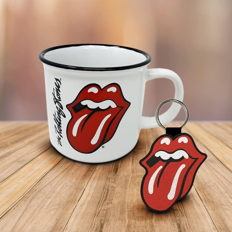 Pyramid International The Rolling Stones Mug and Keyring Set in Presentation Gift Box (Hot Lips Design) 11oz Ceramic Campfire-Style Mug and Woven Key Fob - Official Merchandise