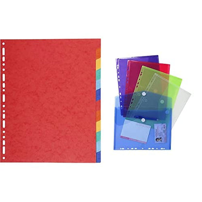 Exacompta Forever Recycled Dividers, A4 Extra Wide, 220gsm, 12 Part - Multi-Colour with Exacompta PP Envelope Punched Pocket, A4, Hook & Loop - Assorted Colours, Bag of 5
