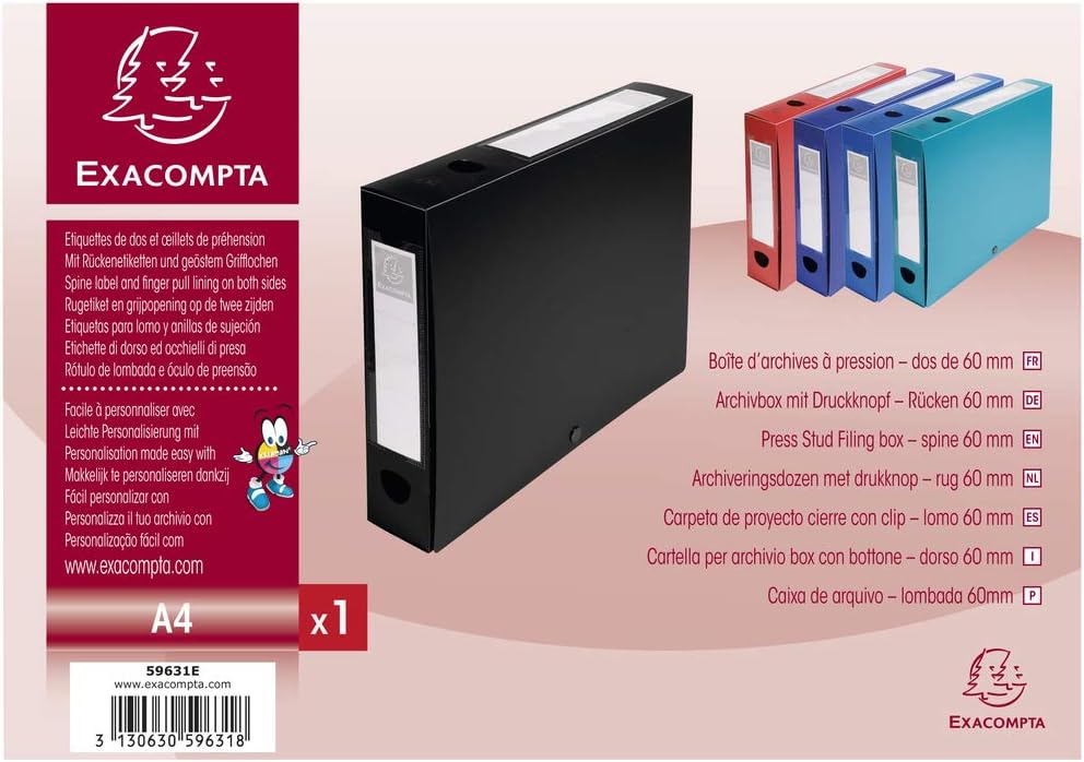 Exacompta - Ref 59631E - Plastic Filing Box - 250 x 330mm in Size, Suitable for Holding A4 Documents, 6cm Spine, 2 x Spine Labels & 2 x Finger Holes