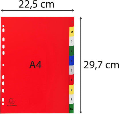 Exacompta - Ref 1510E - PP Printed Indices - For Use With A4 Documents, 0.1mm Polypropylene, Pre-Punched, Soft & Tear Resistant - 10 Divider Parts (1-10) - White With Coloured Tabs
