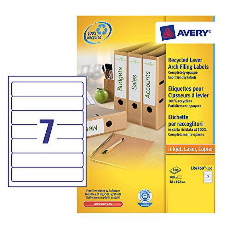 Avery LR4760-100 Self-Adhesive Recycled File Labels, 7 Labels Per A4 Sheet, White