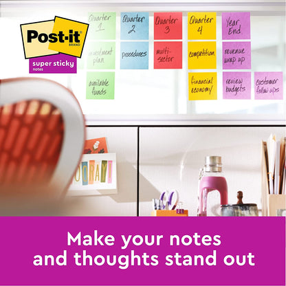 Post-it Super Sticky Notes Playful Color Collection, Pack of 6 Pads, 90 Sheets per Pad, 76 mm x 127 mm, Red, Orange, Yellow, Green, Blue, Purple - Extra Sticky Notes For Note Taking & To Do Lists