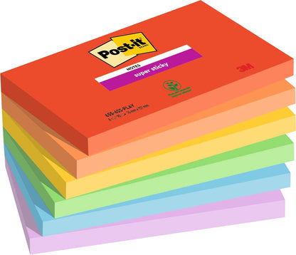 Post-it Super Sticky Notes Playful Color Collection, Pack of 6 Pads, 90 Sheets per Pad, 76 mm x 127 mm, Red, Orange, Yellow, Green, Blue, Purple - Extra Sticky Notes For Note Taking & To Do Lists