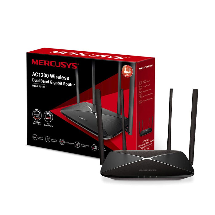MERCUSYS AC1200 Wireless Dual Band Gigabit Router, Wi-Fi Speed Up to 867 Mbps/5 GHz + 300 Mbps/2.4 GHz, Reliably Connect up to 60 Devices, Ready for Smooth IPTV, Easy installation (AC12G) AC1200 Mbps Gigabit