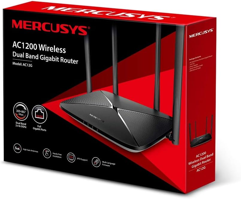 MERCUSYS AC1200 Wireless Dual Band Gigabit Router, Wi-Fi Speed Up to 867 Mbps/5 GHz + 300 Mbps/2.4 GHz, Reliably Connect up to 60 Devices, Ready for Smooth IPTV, Easy installation (AC12G) AC1200 Mbps Gigabit