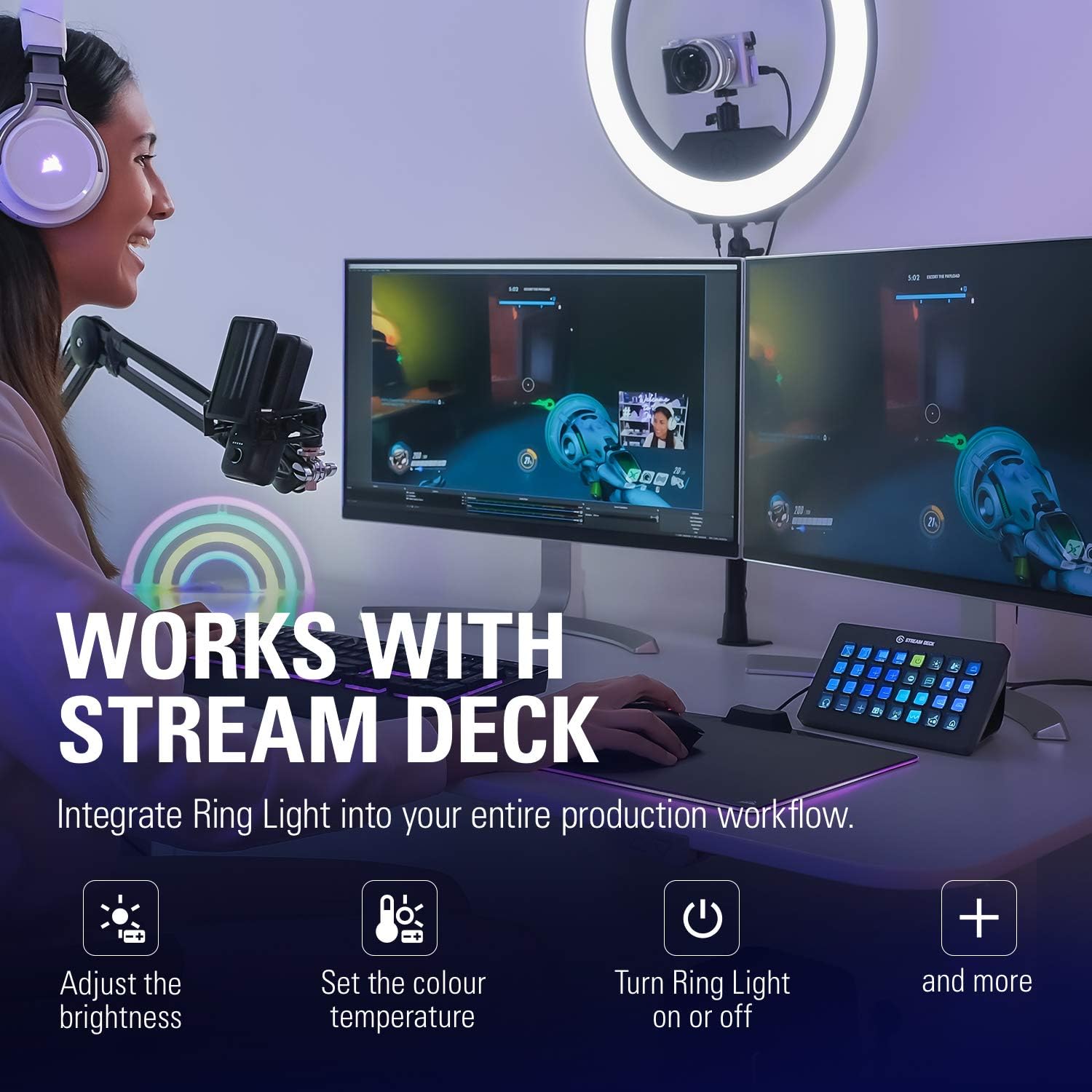 Elgato Ring Light - Premium 2500 lumens Light with desk clamp and ball mount for Streaming, TikTok, Instagram, Home Office, Temperature and Brightness app-adjustable on Mac, PC, iOS, Android Single
