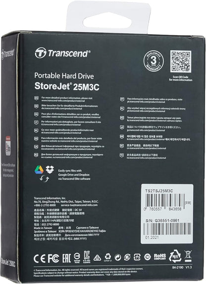Transcend 2 TB USB Type-C Rugged Portable Hard Drive - Shock Resistant USB 3.1 Gen 1 StoreJet TS2TSJ25M3C Iron Gray 2 TB USB Type-C