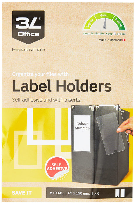 Djois made by 3L 10345- Sachet de 6 Porte-étiquettes adhésifs 3L - 62 x 150 mm - étiquettes pour classeurs, corbeilles à courrier, étiquettes tiroirs, étagères, Inclus bristol (Lot de 6 pcs