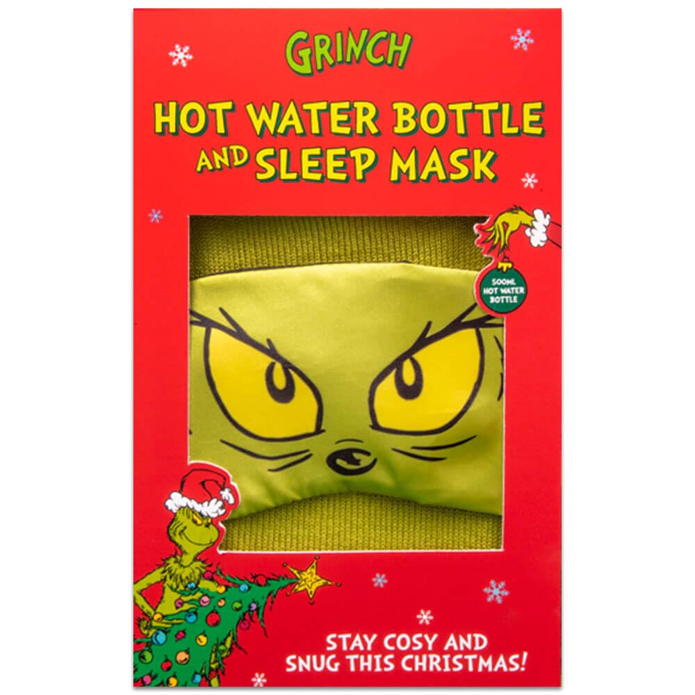 The Grinch Hot Water Bottle & Eye Mask. Gift Set Includes 500ml Hot Water Bottle and Soft Grinch Sleep Mask.