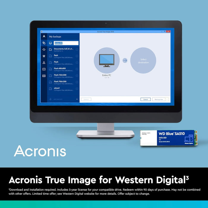 WD Blue SA510 1TB, M.2 SATA SSD, up to 560 MB/s, Includes Acronis True Image for Western Digital, Disk & Cloning Migration, Flexible backup & recovery, ransomware protection