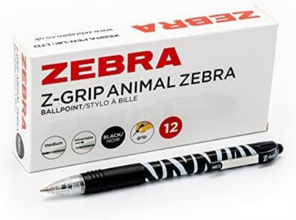 Zebra Pen Z Grip Black Pens Ballpoint, Smooth & Funky Pens With Pocket Clip, Retractable Black Ink Ballpoint, Reliable Black Biro Multipack For Everyday Use - Zebra Design, 12pk Black Ink Z-Grip Animal Zebra Barrel