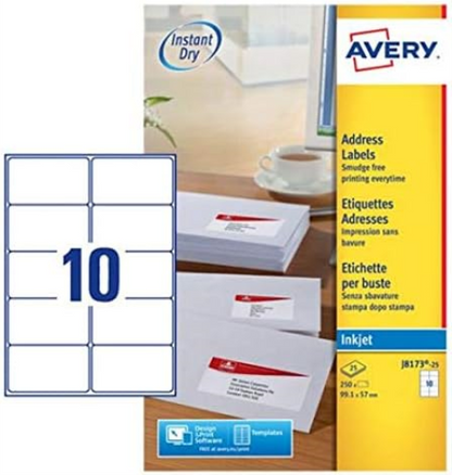 AVERY Zweckform J8173-25 Versandetiketten/Versandaufkleber (250 Etiketten, 99,1x57mm auf A4, bedruckbar, selbstklebend, für Inkjet-Drucker, für DIN B4/C4 Umschläge) 25 Blatt, weiß