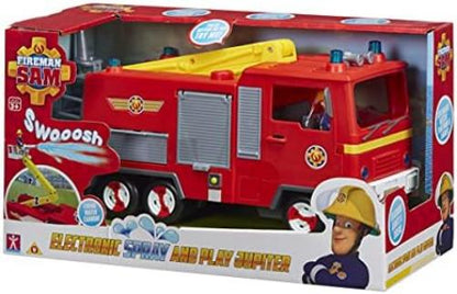 FIREMAN SAM Electronic Spray and Play Jupiter fire engine, free-wheeling with lights, sounds, water cannon, with figure playset., Red, 35.5 x 15 x 20.5 centimeters