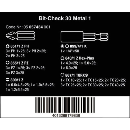 Wera Bit-Check 30 Metal 1 General bit set for drill/drivers, Metal jointing, PZ,PH,Hex-Plus,TX 30 piece, 05057434001