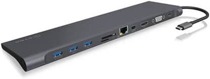 ICY BOX 11-fold USB-C DockingStation, HDMI, Mini DisplayPort, VGA, LAN, Power Delivery, 3x USB 3.0, SD and microSD Card Reader, Audio, Aluminium