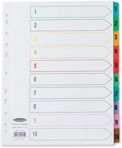 Concord Punched Pocket Index Multicolour-tabbed Europunched 1-10 Extra Wide A4 White Ref CS98