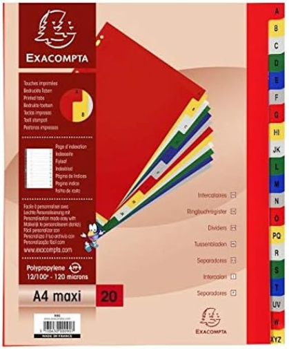 Exacompta - Ref 90E - PP Printed Indices - For Use With A4+ Documents, 0.1mm Polypropylene, Pre-Punched, Soft & Tear Resistant - 20 Divider Parts (A-Z) - White With Coloured Tabs
