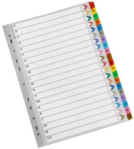 A4 A-Z INDEX DIVIDER MULTI COLOURED TABS ALPHABETICAL MYLAR WHITE BOARD