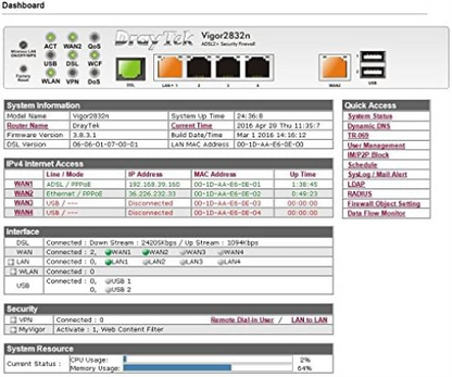 DrayTek Vigor 2832 Router, Triple-WAN ADSL2+, 32 VPN Tunnels, 3G/4G Failover Support, Ideal For Small Business Standard